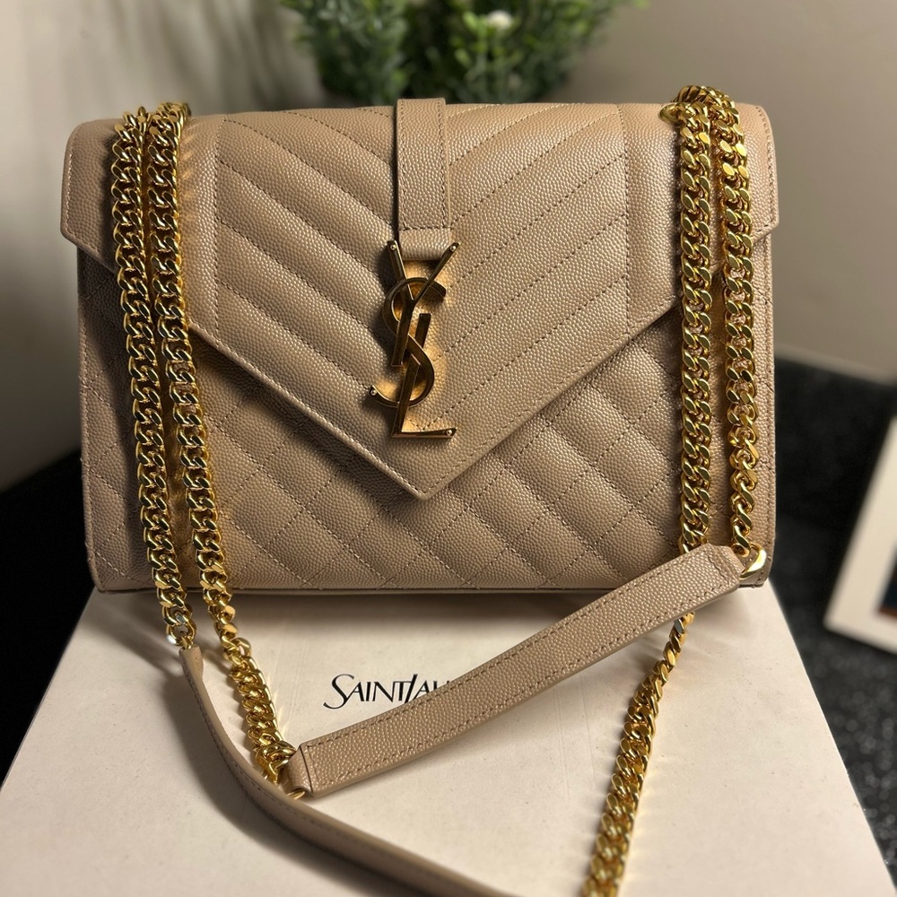 Saint Laurent Tan Quilted Shoulder Bag with Gold Chain